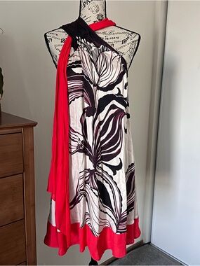 REISS Red Black Silk Blend Halter Midi Dress Tie Neck Wedding Guest Size 8